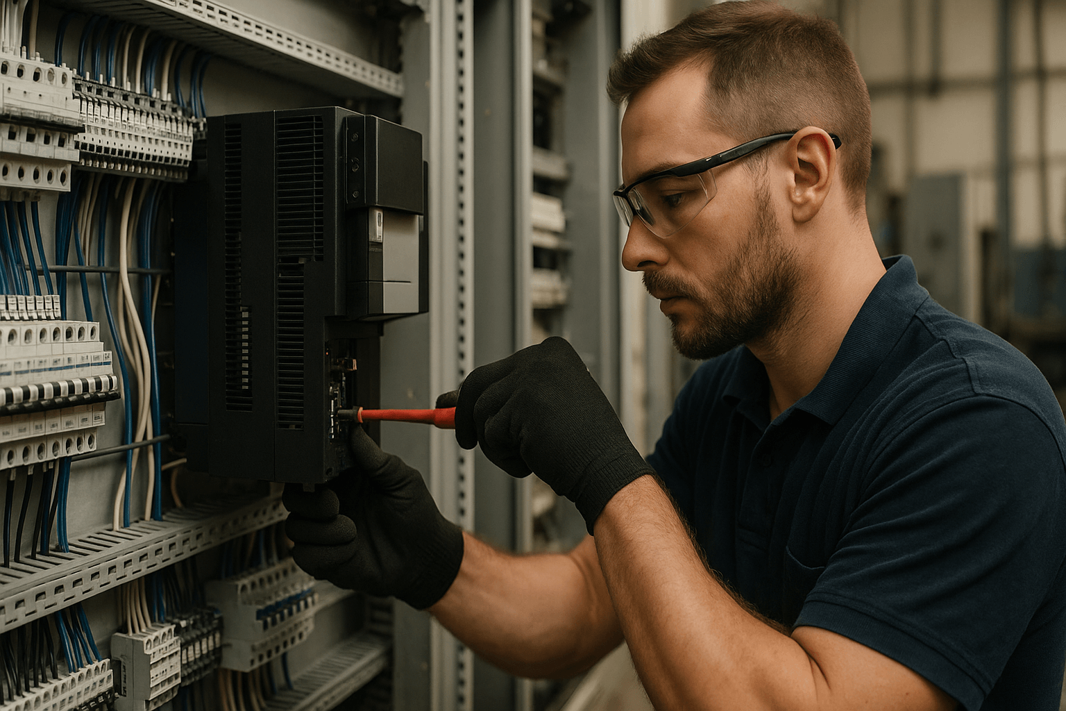 Electrician working on wiring inside an electrical panel