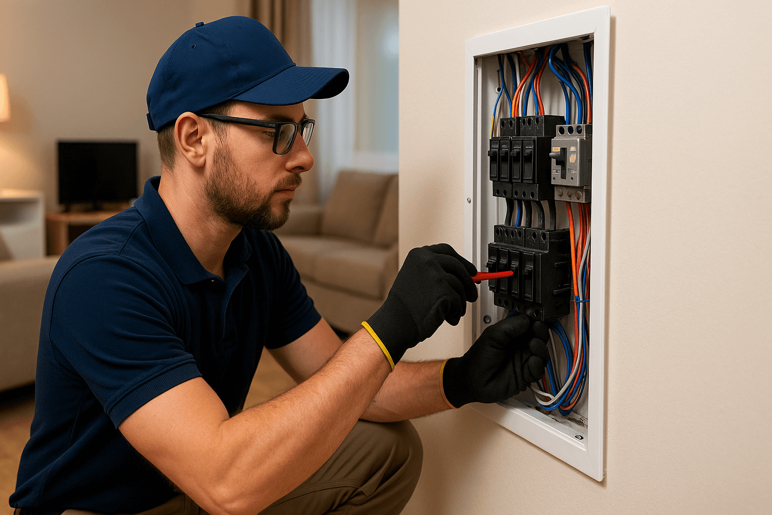 Electrician working on a residential breaker panel