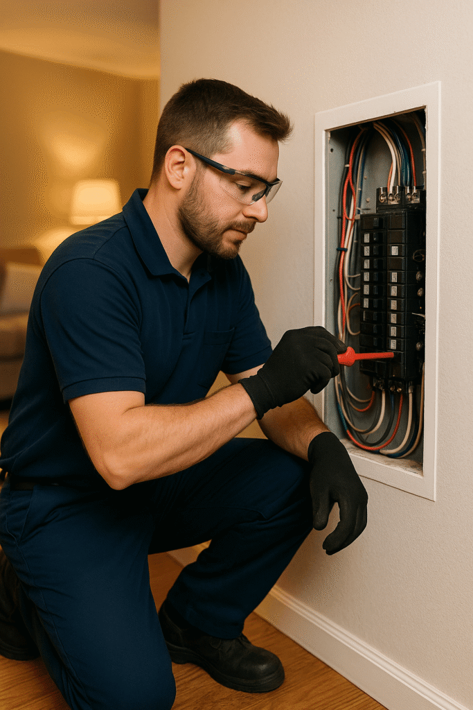 Electrician testing a circuit breaker panel in a home